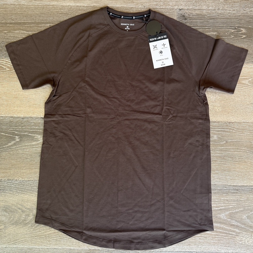 Kenneth Cole Tech Raglan Active Tee Shirt Sz M Brown Stretch Soft Curved Hem